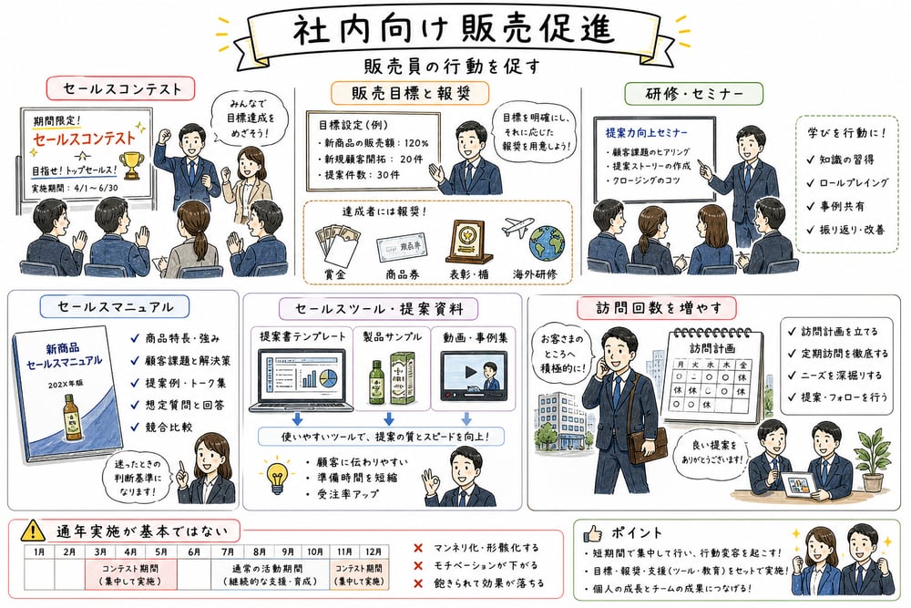 社内向け販売促進として販売員教育、セールスコンテスト、報奨を示す図解