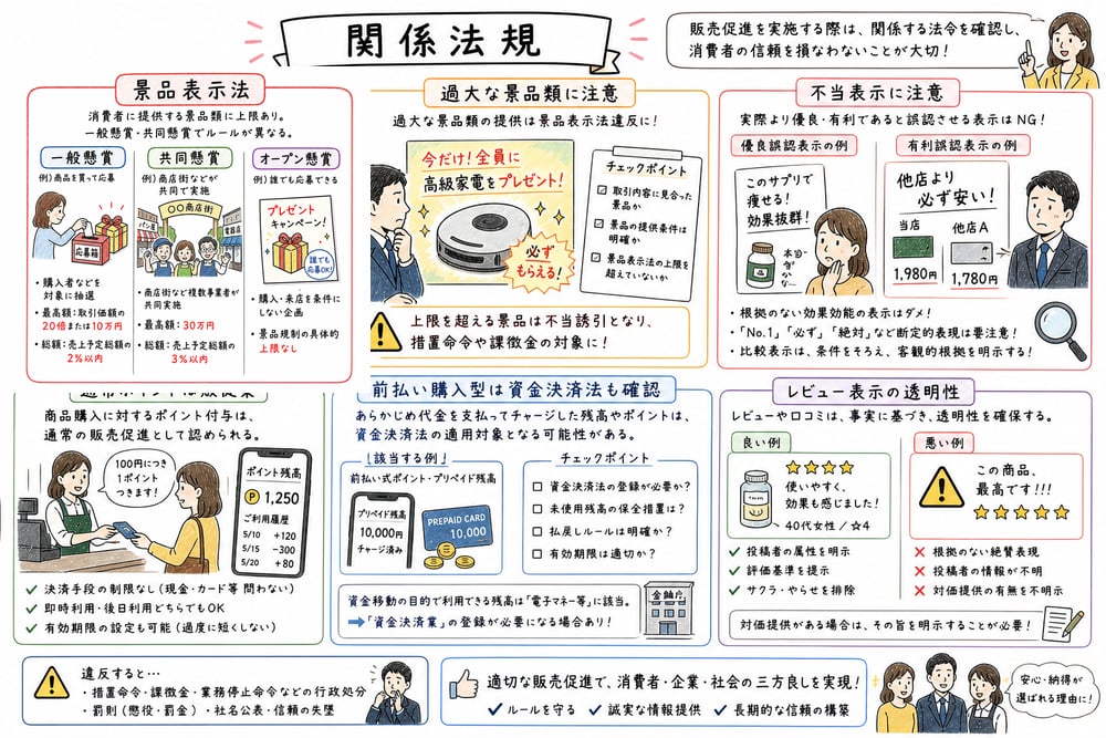 販売促進に関わる景品表示法、資金決済法、レビュー表示の注意点を示す図解