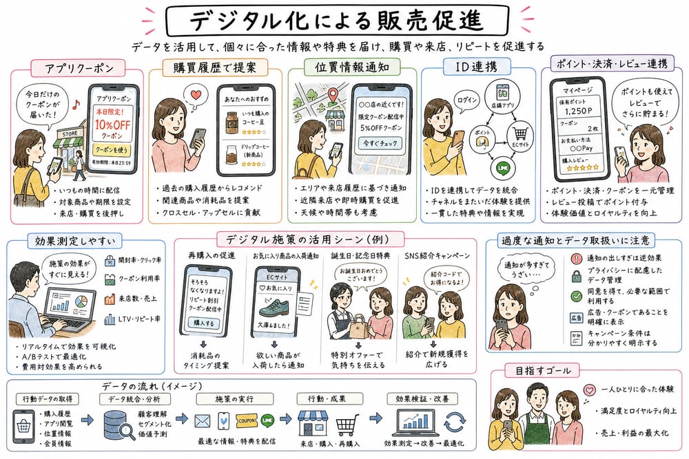 アプリ、購買履歴、位置情報、ID連携によるデジタル販売促進を示す図解