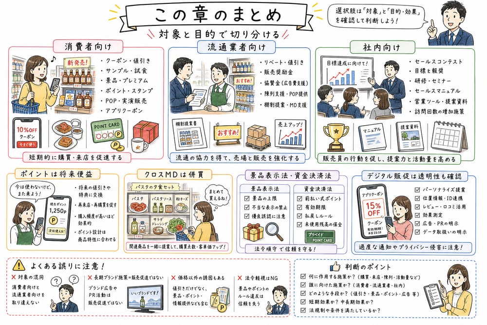 販売促進の対象、目的、ポイント、クロスMD、法規制を判断するまとめ図解