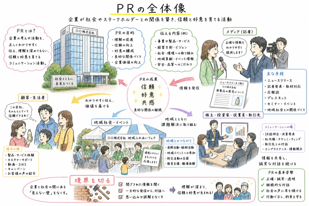 PRを関係形成、信頼、好意づくりとして整理する図解