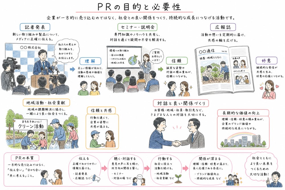 PRが関係者との理解、信頼、好意を高める目的を整理する図解