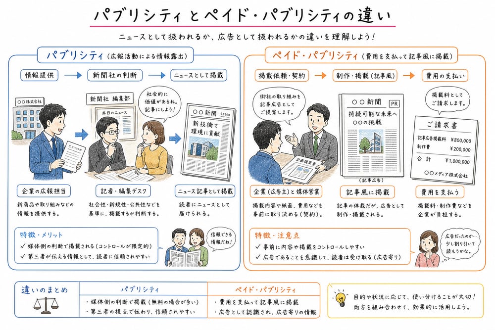 パブリシティとペイド・パブリシティを媒体判断と費用負担で区別する図解