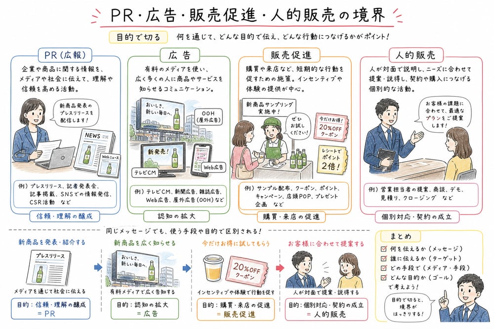 PR、広告、販売促進、人的販売の境界を目的で切り分ける図解