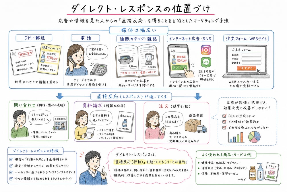 ダイレクト・レスポンスを直接反応を狙う手法として整理する図解