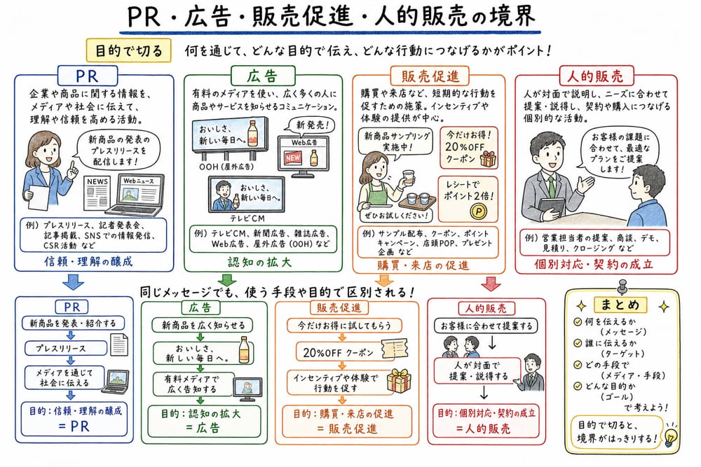 プロモーション章の横断復習として広告、人的販売、販売促進、PRの境界を整理する図解