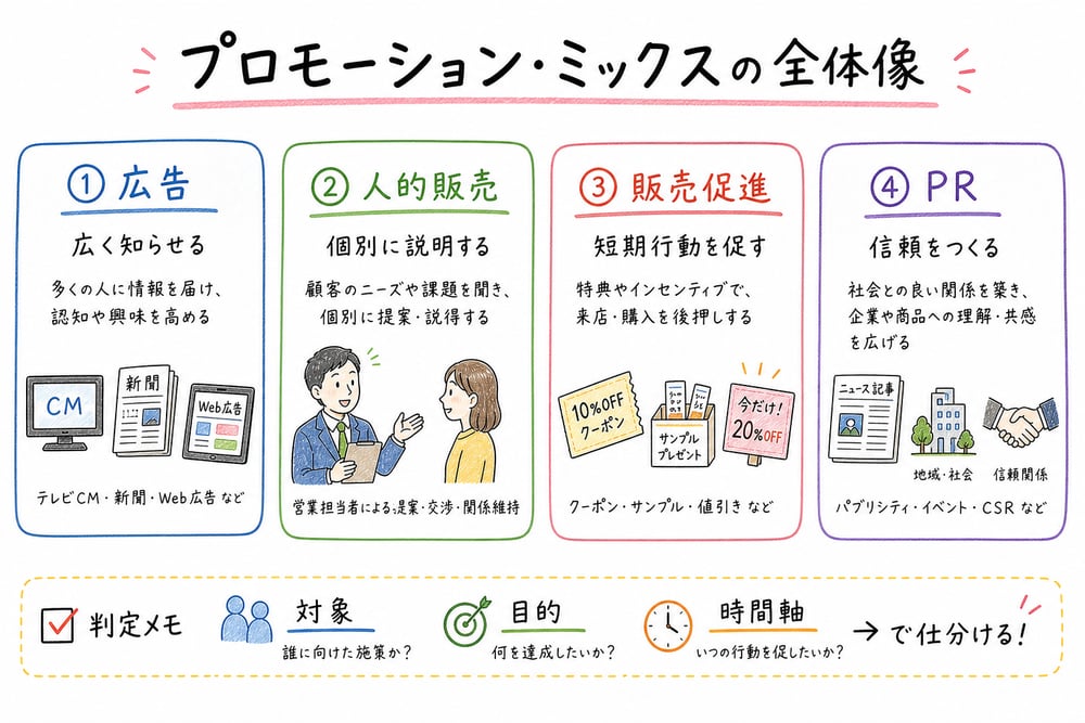 広告、人的販売、販売促進、PRを役割ごとに比較するプロモーション・ミックスの図解