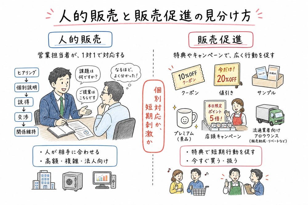 人的販売の個別対応と販売促進の短期刺激を比較する図解