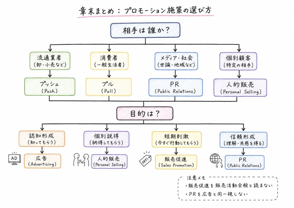 相手と目的からプロモーション施策を仕分ける章末確認フロー