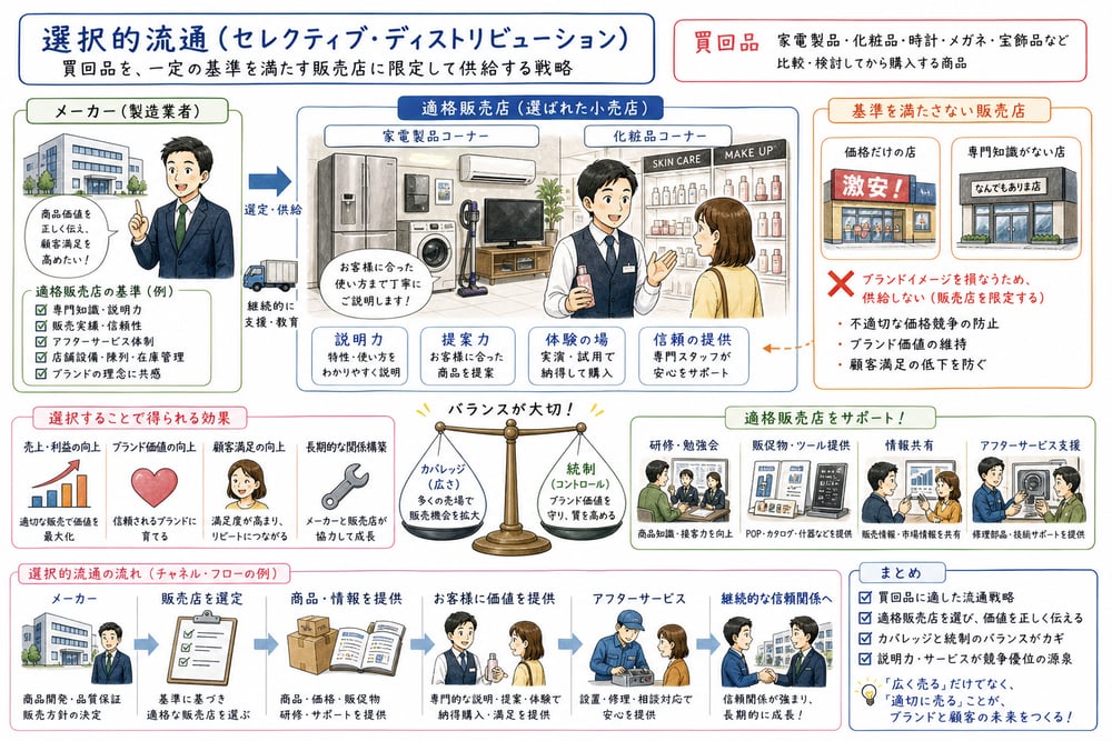 選択的流通チャネルが適格販売店を選びカバレッジと統制を両立することを示す図解