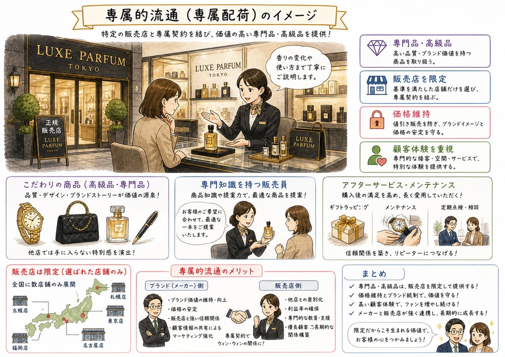 専属的流通チャネルが高級品や専門品のブランド統制とサービス品質を守ることを示す図解