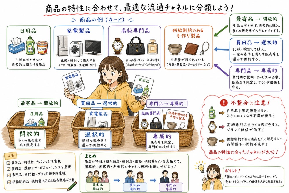 最寄品、買回品、専門品を開放的、選択的、専属的チャネルへ対応させる図解