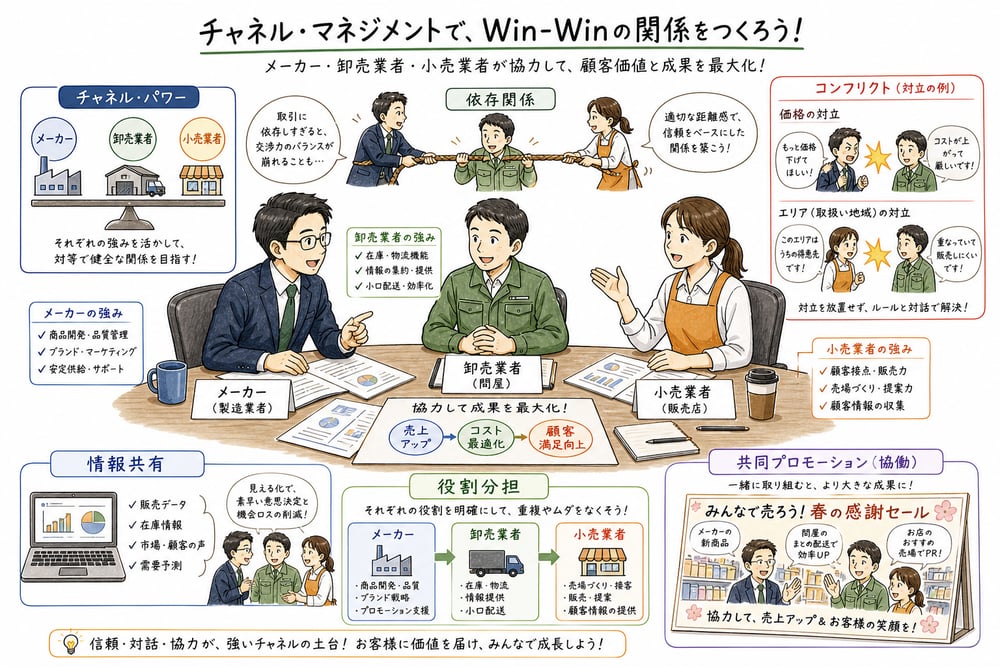 チャネル管理をチャネルパワー、依存関係、コンフリクト、情報共有、役割分担で整理する図解