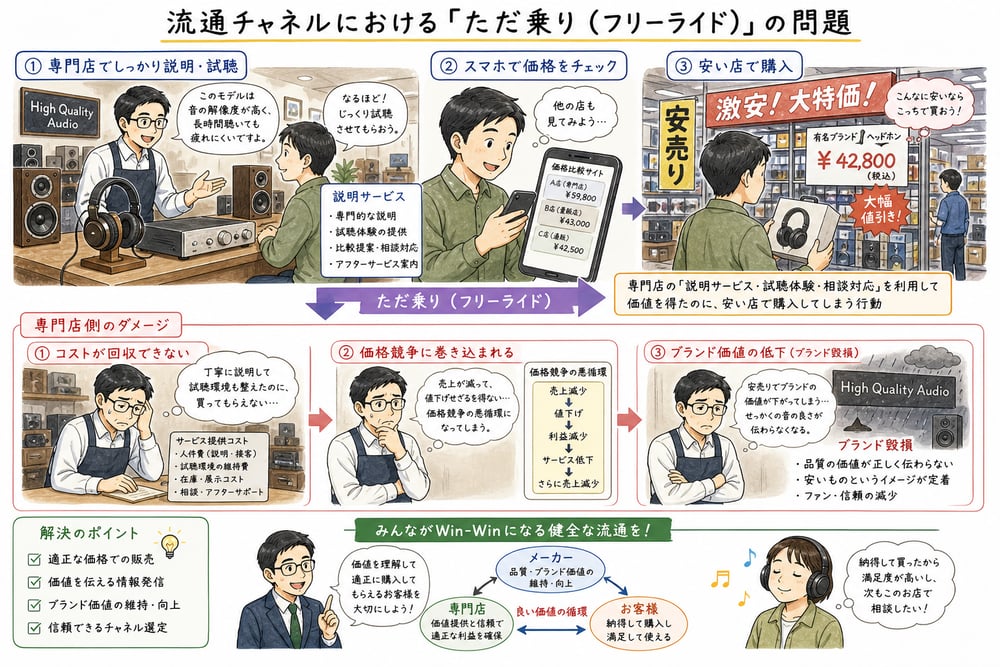 専門店の説明サービスへのただ乗りと安売りによる価格競争、ブランド毀損を示す図解