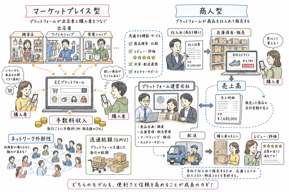 マーケットプレイス型と商人型ECの収益構造の違い