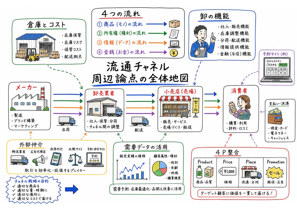 商流・物流・金流・情報流、卸売業者、倉庫、サービス業チャネルをまとめる図解