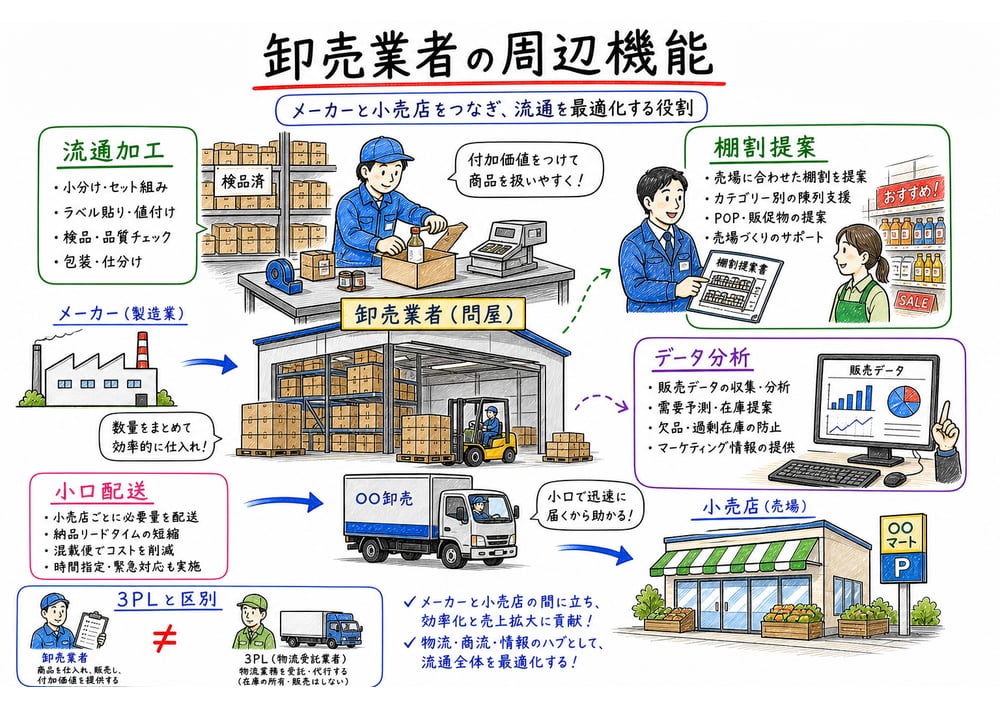 卸売業者が物流、流通加工、リテールサポート、取引調整を担う図解