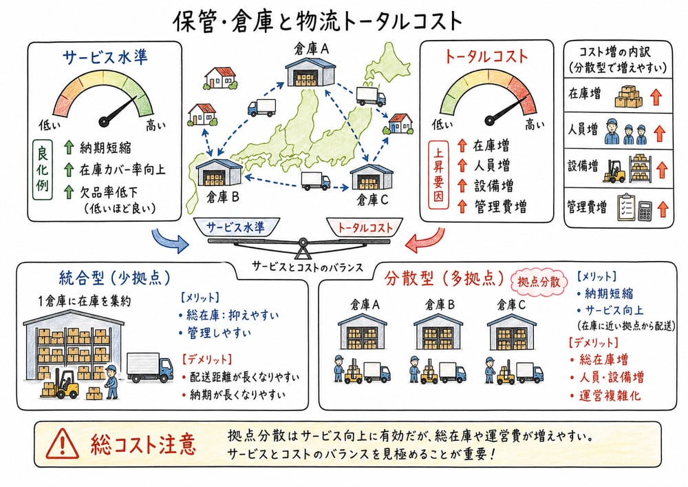 保管拠点を増やすとサービス水準と物流トータルコストが同じ方向とは限らないことを示す図解
