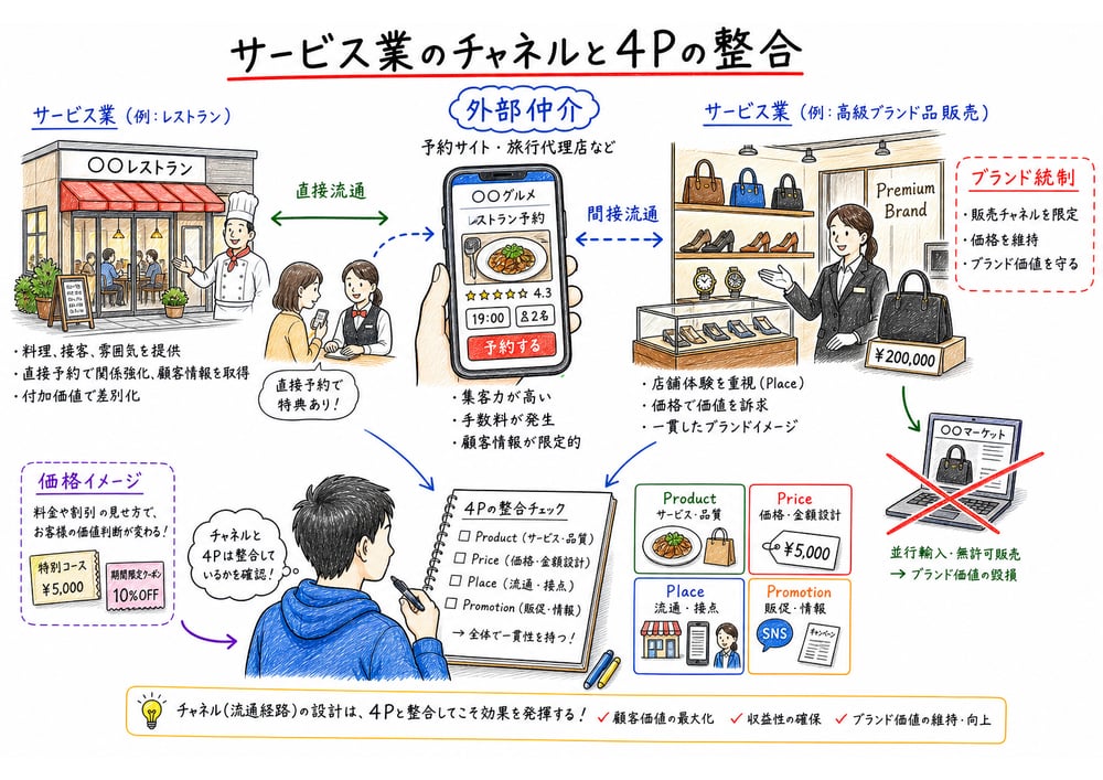 外部予約サイトを介したサービス販売と4P整合を示す図解