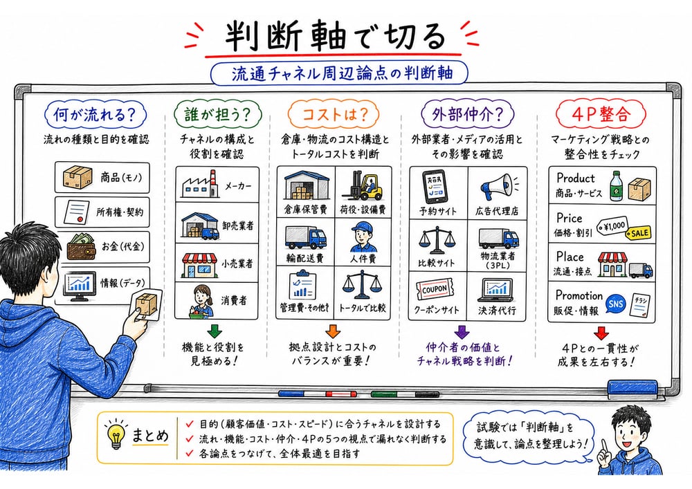 流れ、卸の機能、倉庫、サービス業チャネルを判断軸として整理する図解