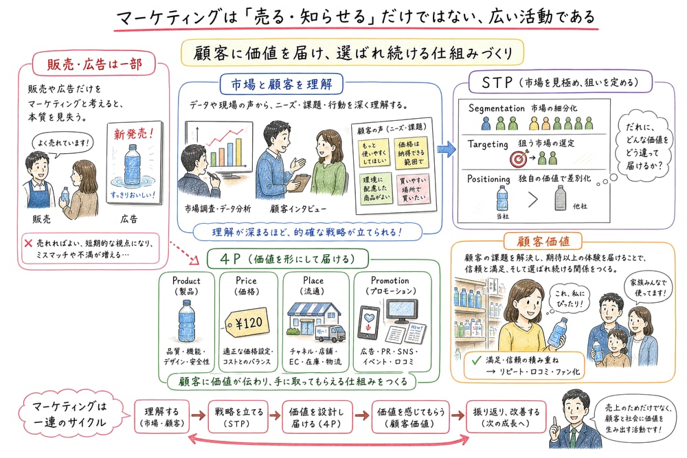 販売や広告だけでなく市場理解やSTPと4Pまで含めてマーケティングを見る図解