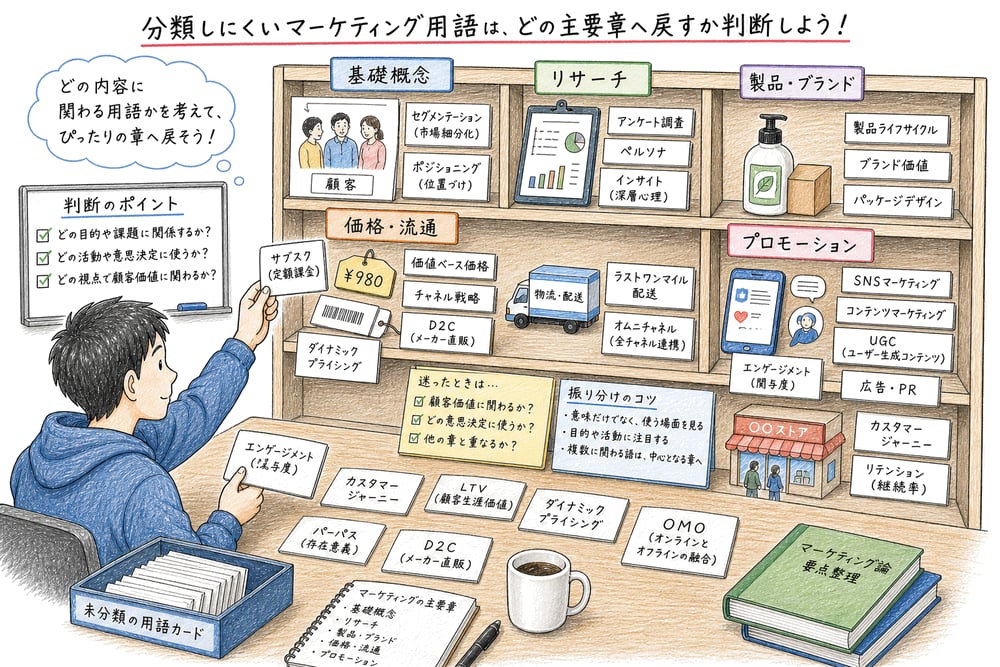 分類しにくいマーケティング用語を主要章へ戻して判断する軸