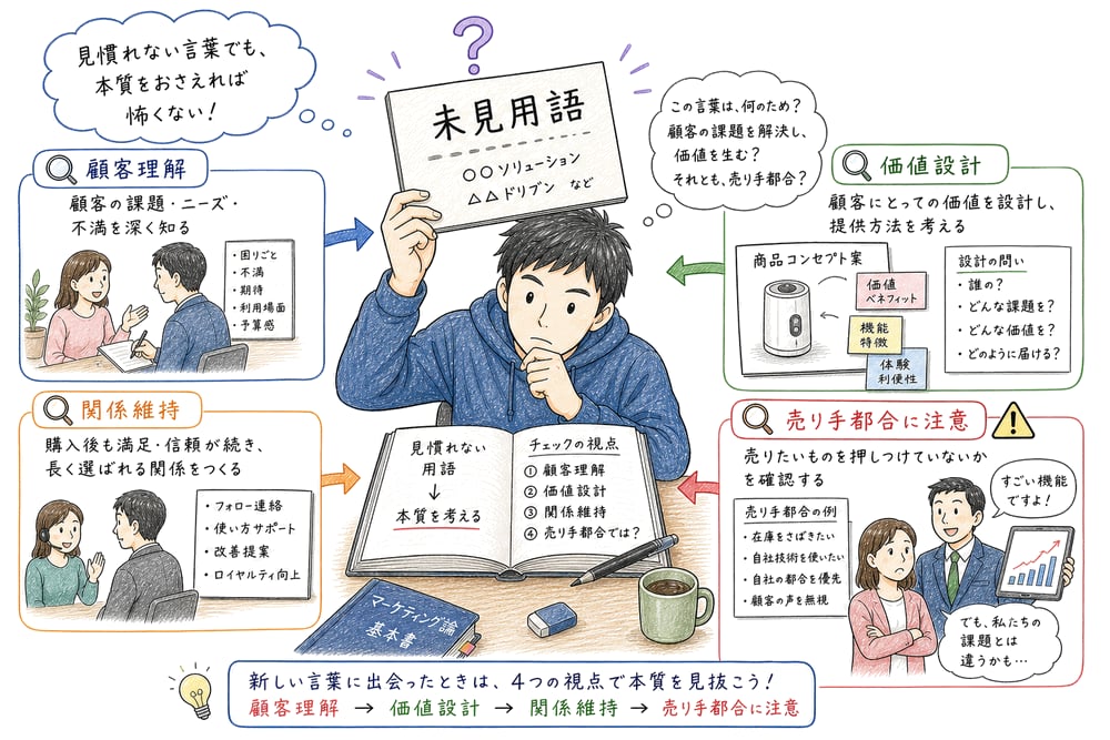 未見用語を顧客理解、価値設計、関係維持に分けて確認する図解