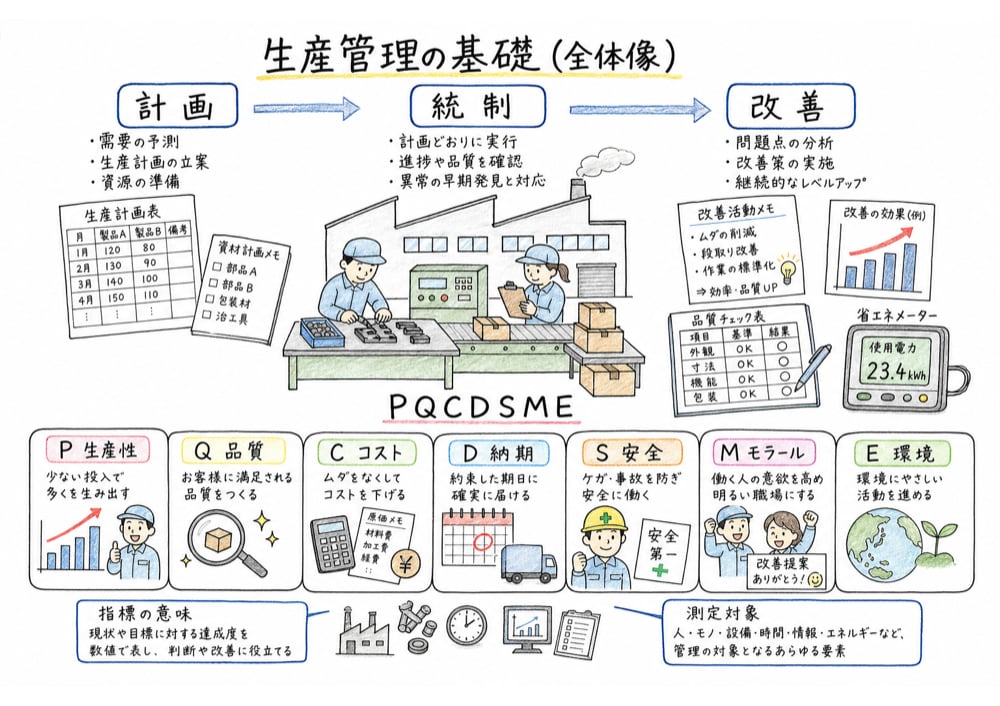 生産管理の基礎で押さえる計画・統制・改善とPQCDSME、指標判定の全体像