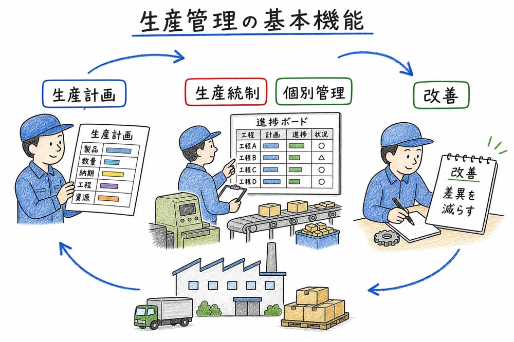 生産計画、生産統制、個別管理、改善を一体で回す生産管理の基本機能