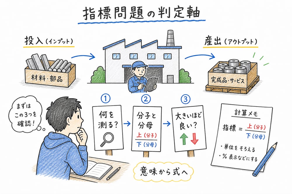 管理指標を何を測るか、分子分母、大きいほど良いかの三点で判定する図解