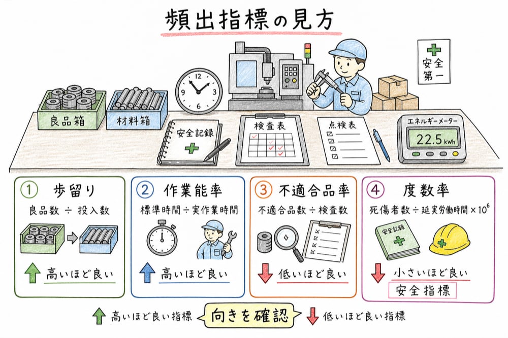 生産性、歩留り、作業能率、不適合品率、度数率など頻出指標の意味と向きを確認する図解
