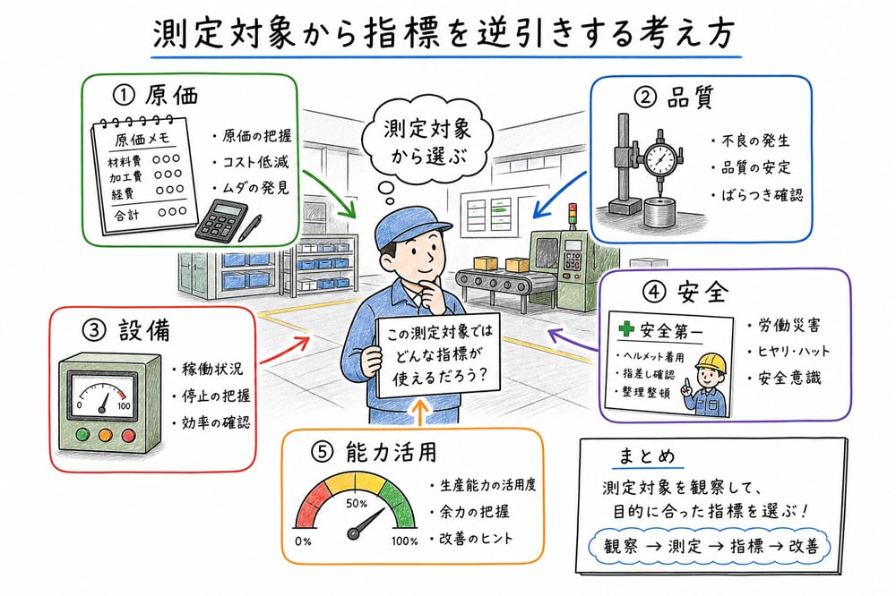 原価、品質、設備、安全、能力活用という測定対象から指標を逆引きする図解
