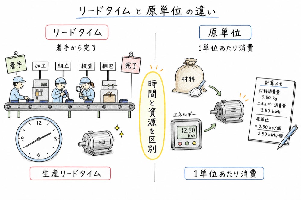 リードタイムは時間の長さ、原単位は一単位あたり資源消費を見るという違いの図解