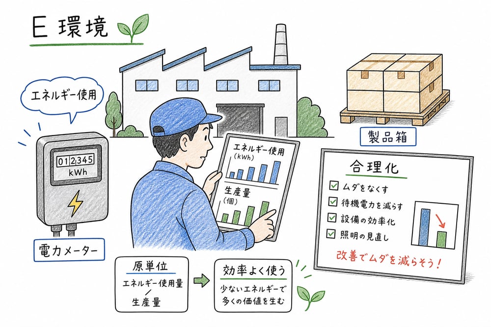 環境論点をPQCDSMEのE、エネルギー使用、原単位管理として整理する図解