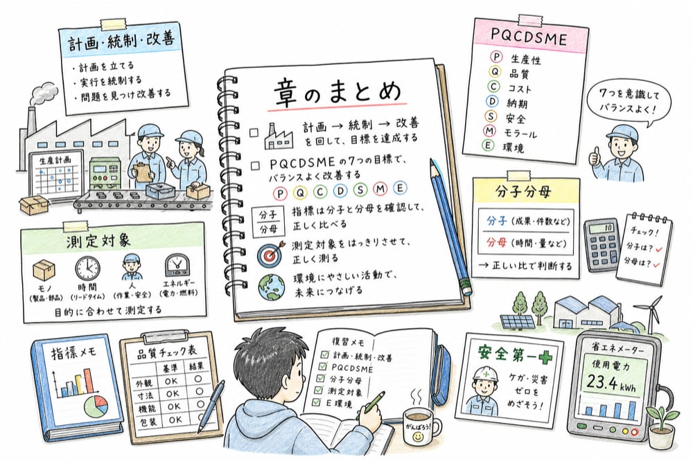 生産管理の基礎で覚える計画統制改善、PQCDSME、分子分母、測定対象、環境論点のまとめ