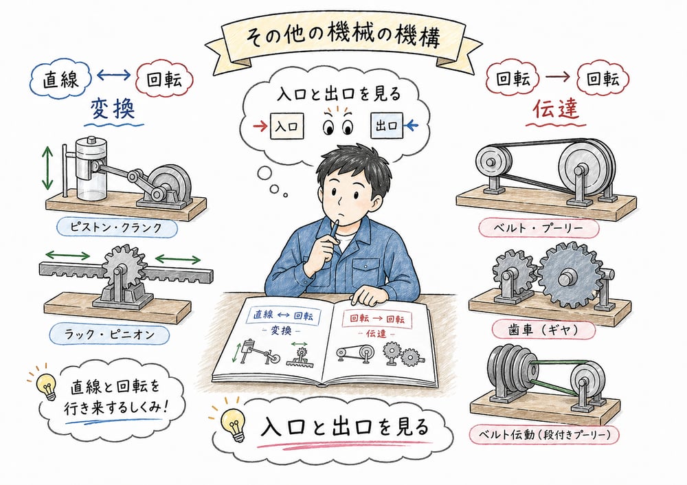 機械の機構を直線と回転の変換、回転運動の伝達で見分ける図解