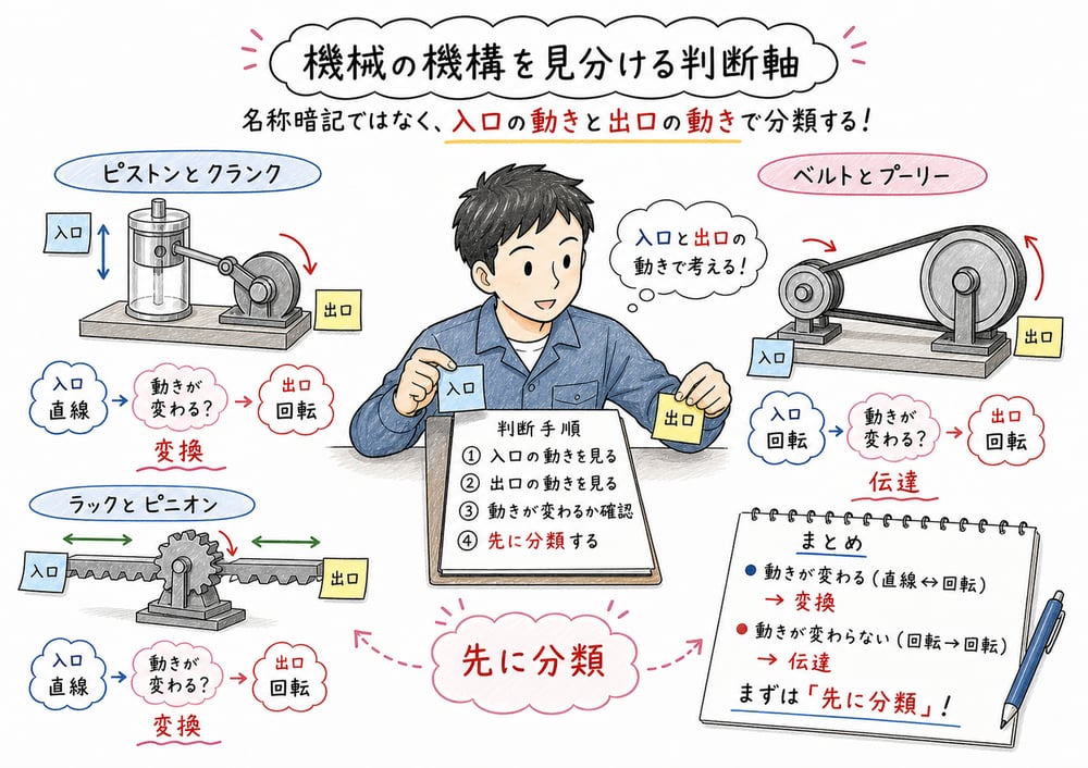 機械の機構を入口と出口の動きで先に分類する判断軸の図解
