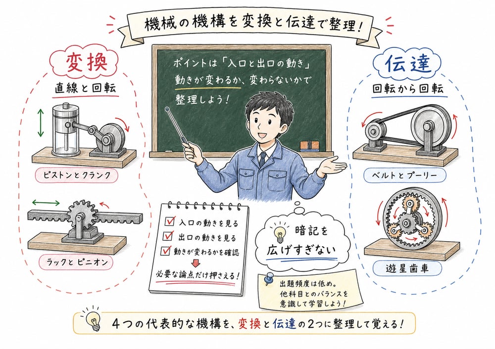 代表的な機械の機構を変換と伝達に分けて整理するまとめ図解