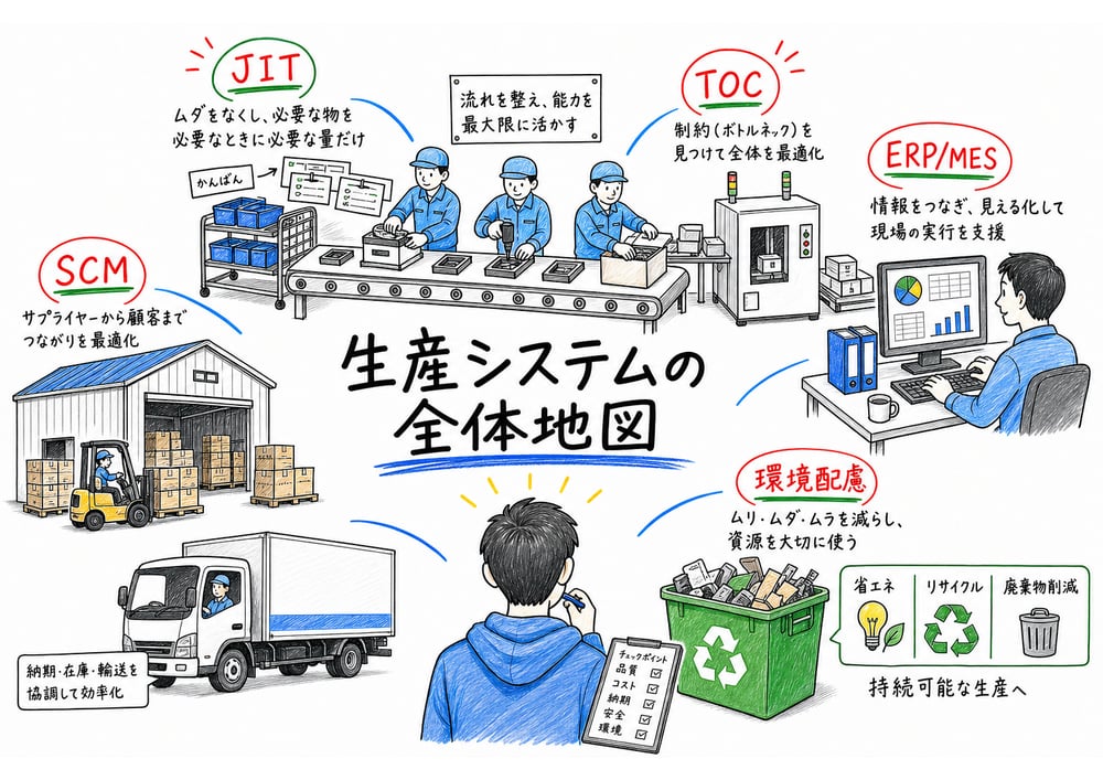 JIT、TOC、情報システム、環境配慮を工場全体で整理する図解