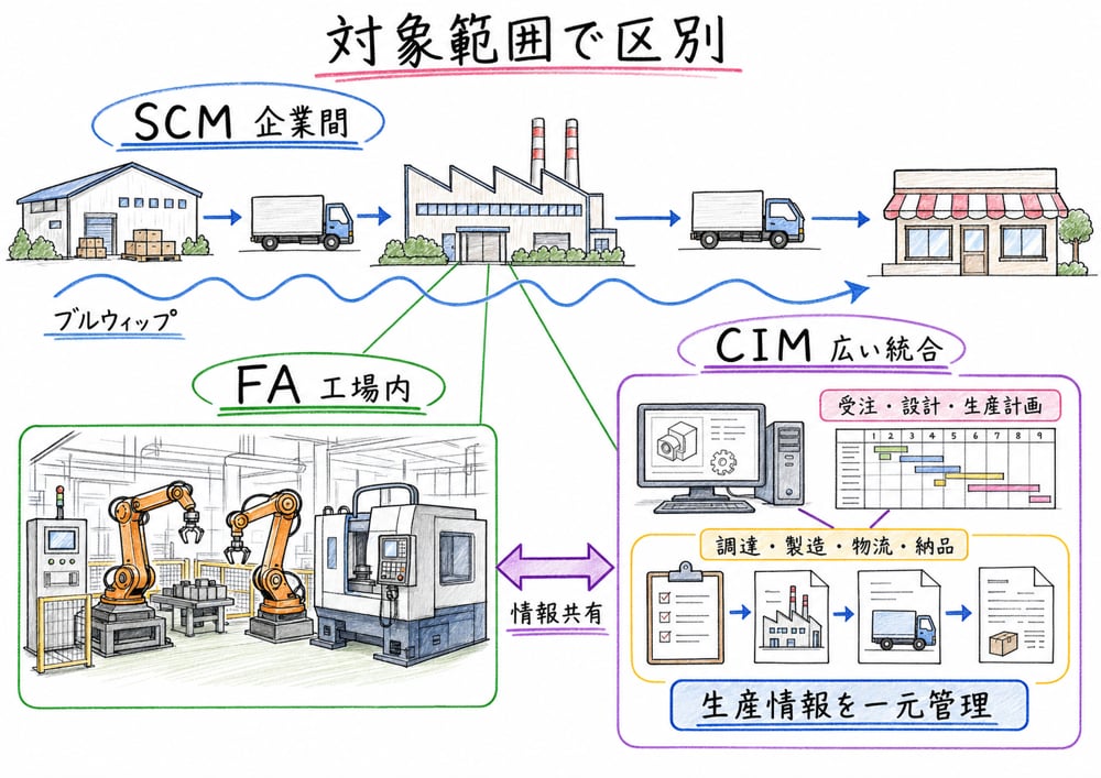 SCM、FA、CIMを企業間連携と工場内自動化と広い統合概念で分ける図解