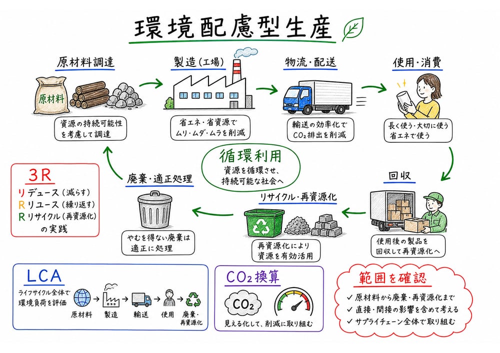 3R、LCA、サーキュラーエコノミー、カーボンフットプリントの違いを示す図解