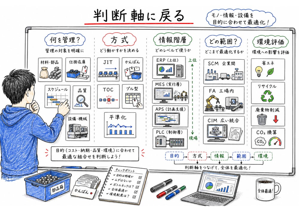 生産方式、情報階層、自動化範囲、環境評価を判断軸として整理する図解
