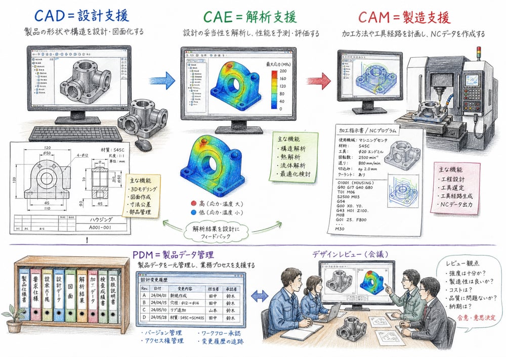CAD・CAE・CAMとPDM・デザインレビューの役割を区別する図解