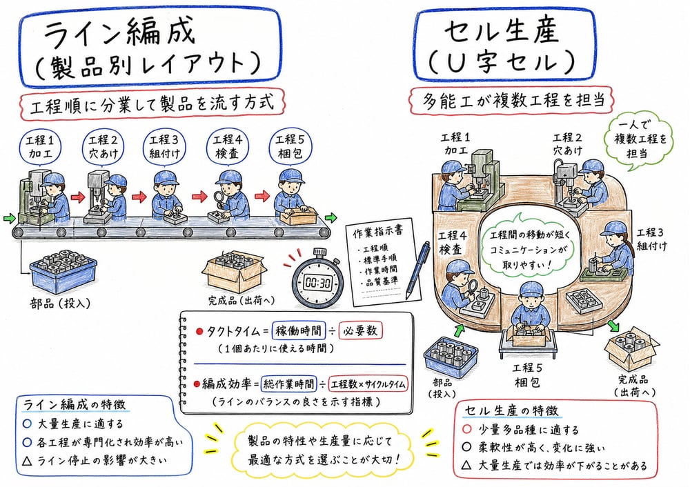 ライン編成の計算式とセル生産の特徴を比較する図解