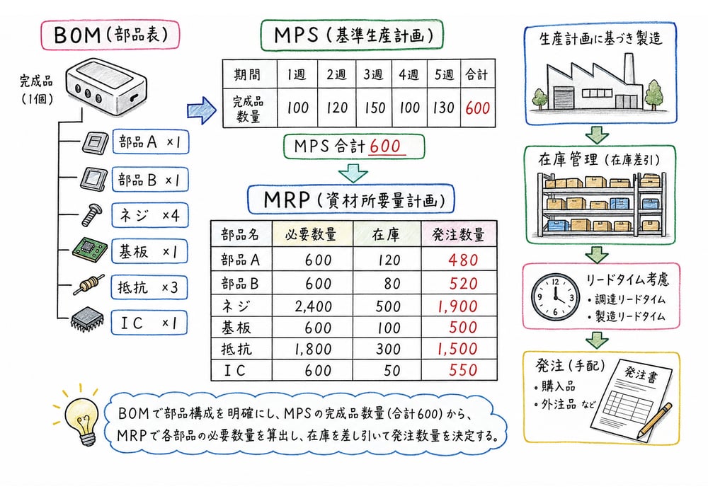 MPSからBOM展開と在庫確認を経てMRPで手配時期を決める流れの図解