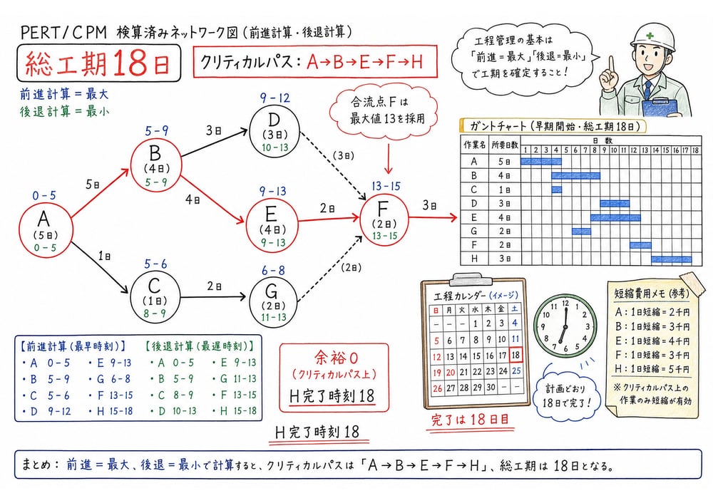 PERTとCPMで前進計算・後退計算・クリティカルパスを判断する図解