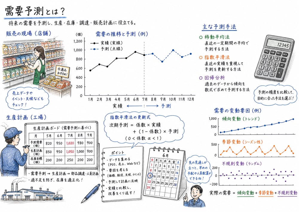 需要予測の移動平均法・指数平滑法・回帰分析と時系列変動を整理する図解