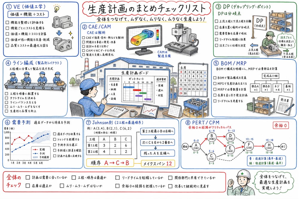 生産計画の直前確認事項を設計・方式・数量・日程・予測で整理した図解