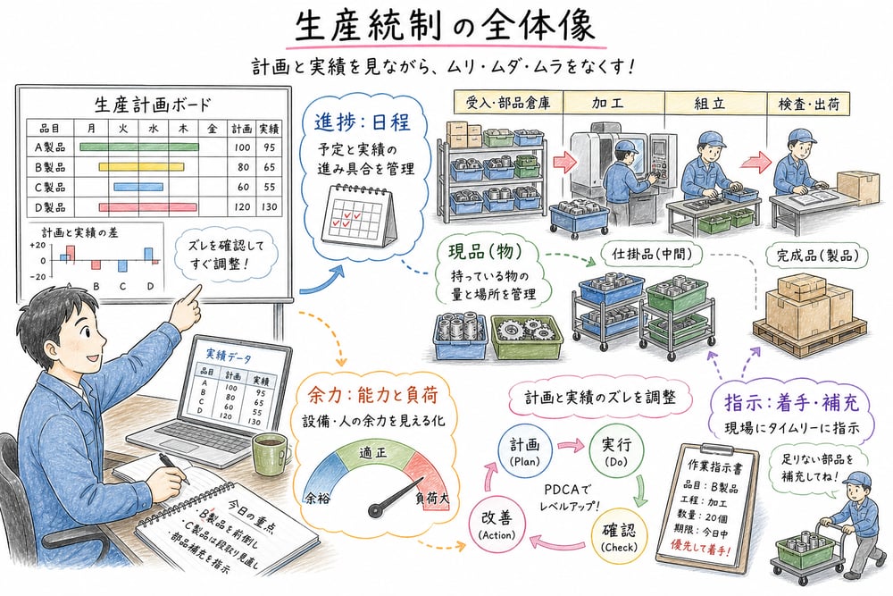 生産統制を現品管理、進捗管理、余力管理、生産指示で切り分ける図解
