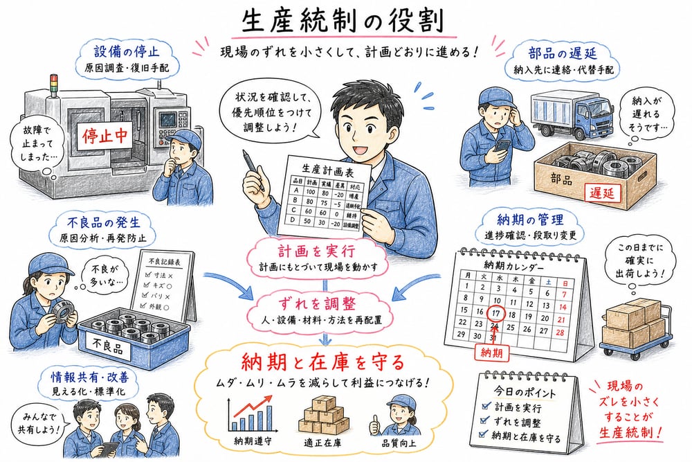 生産計画と現場実績のずれを調整する生産統制の役割を示す図解